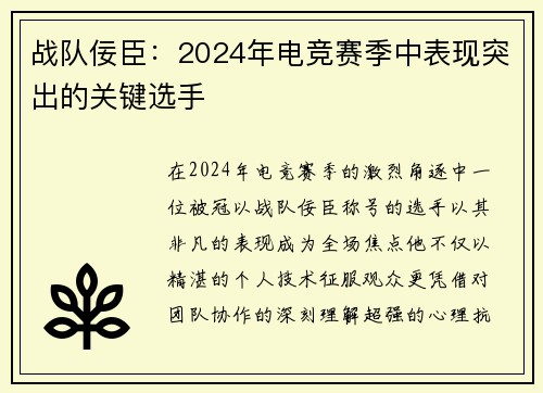 战队佞臣：2024年电竞赛季中表现突出的关键选手